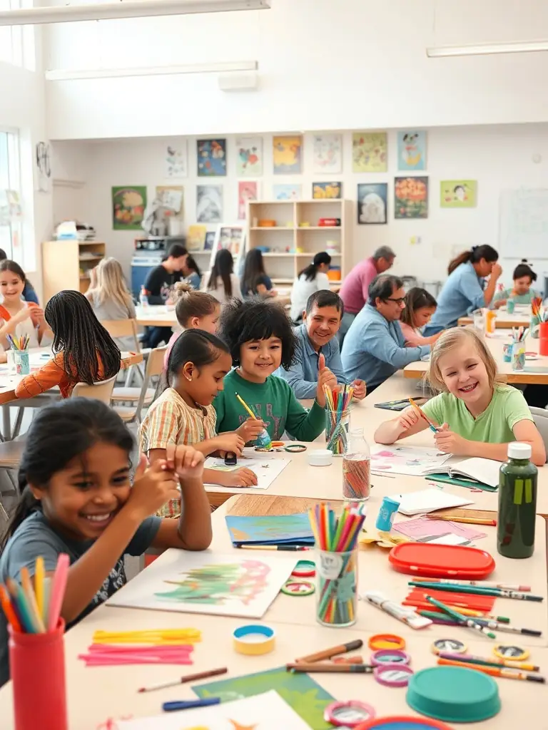 Participants of a community art workshop engaging in creative activities, demonstrating the organization's commitment to accessible arts education.
