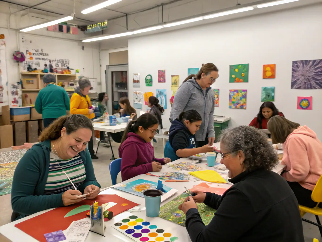 A heartwarming photograph of community members participating in a CADOLE PRODUCTION-sponsored art workshop, highlighting the organization's commitment to community engagement and artistic expression.