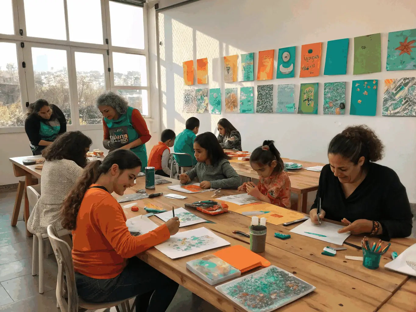 Participants in a community art workshop, creating artwork together and fostering a sense of community and creative expression.