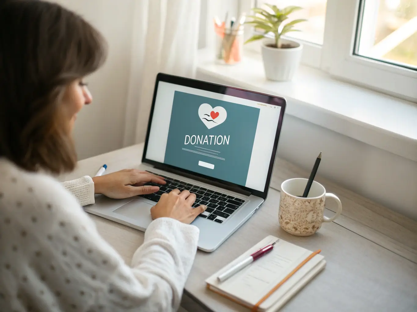 A person making a secure online donation to a nonprofit organization using their laptop, with a focus on the donation form and secure payment gateway.