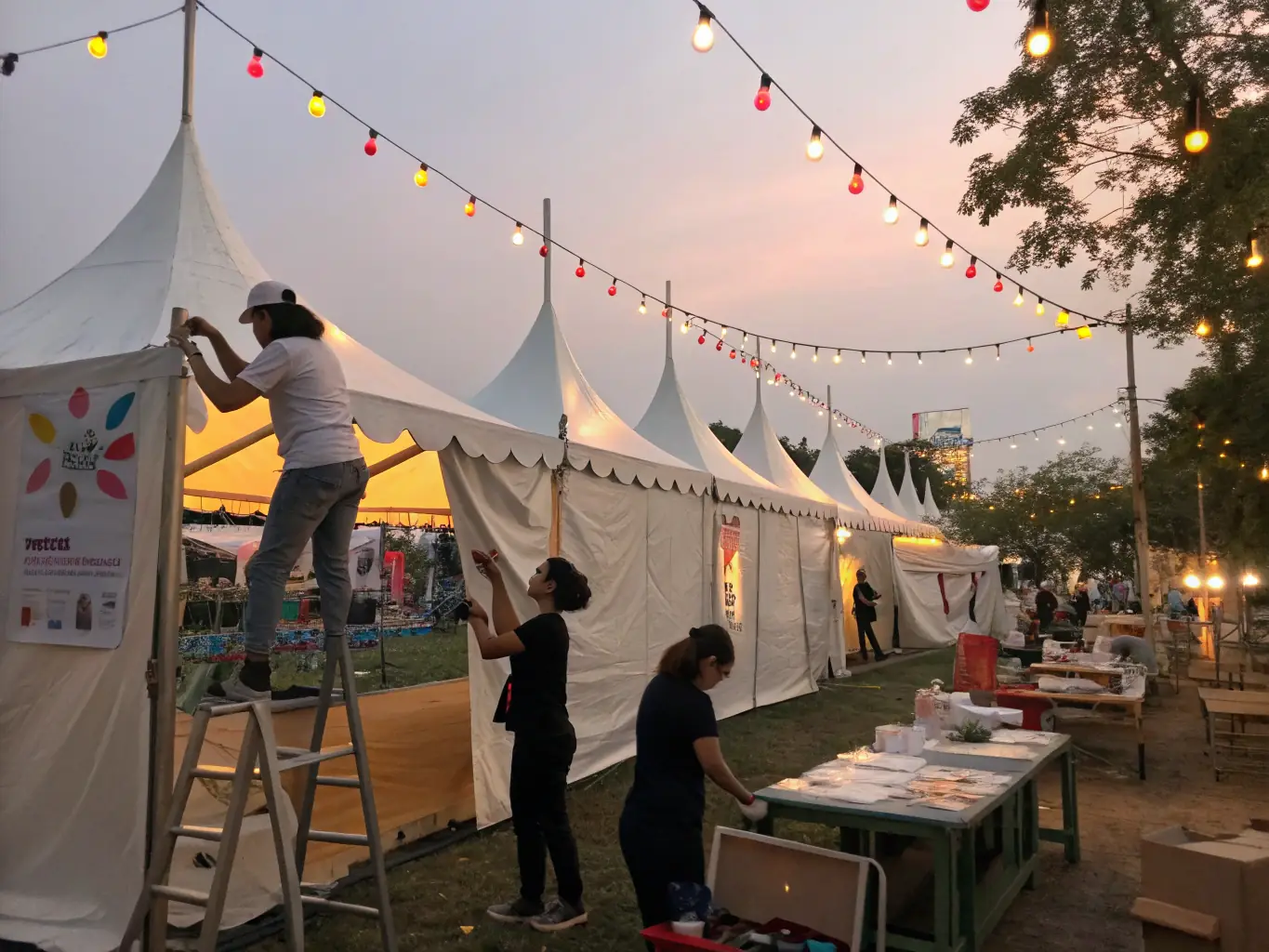 A diverse group of people of different ages are volunteering at an outdoor arts festival, helping with setup and engaging with attendees.